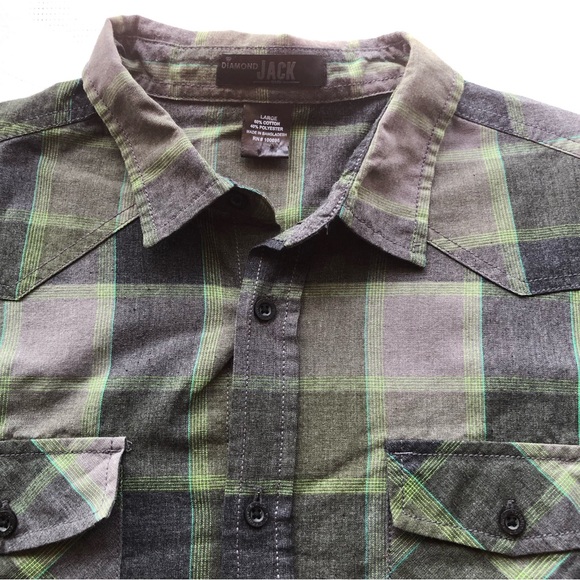 Diamond Jack Green/Gray Plaid Western Style Button-Up Shirt Women’s Size L Top - Picture 15 of 16